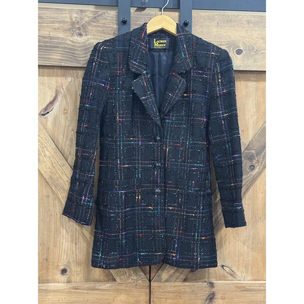 Lauren Meren Black Rainbow Plaid Bling  Vintage Blazer Women's Sz 4  Maximalism
